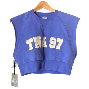 TNA Cozy Fleece Blue Sleeveless Top with Cream Logo MWT